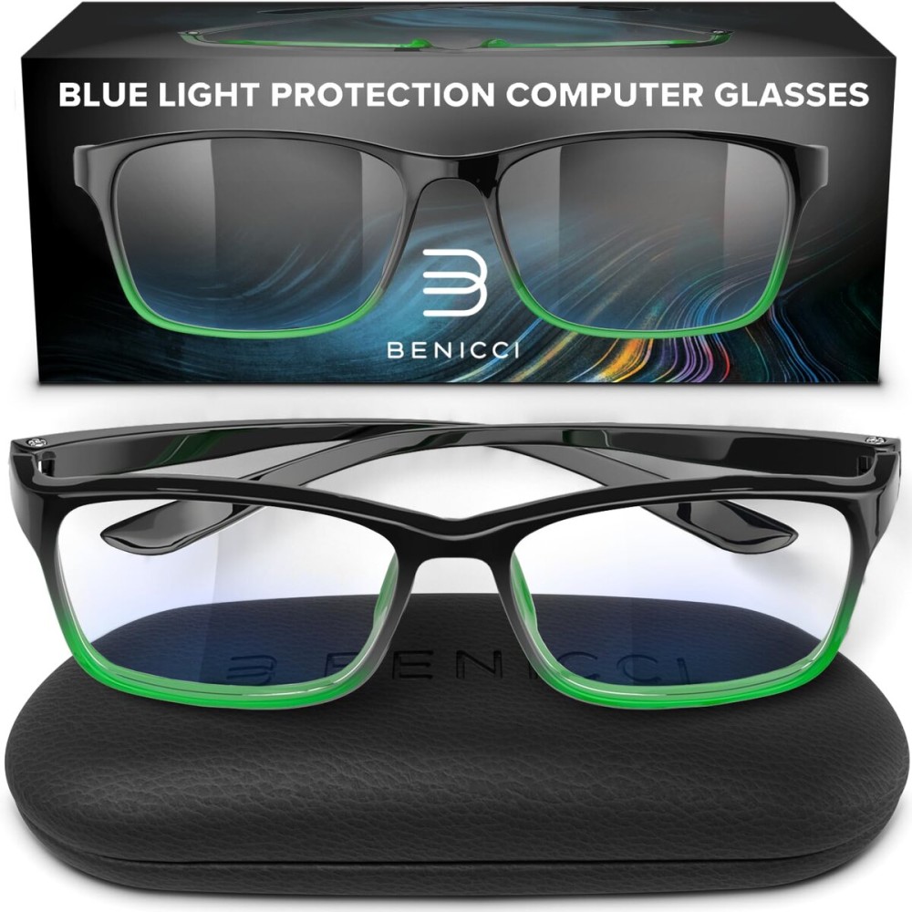 Benicci Stylish Blue Light Blocking Glasses for Women or Men - Ease Computer and Digital Eye Strain, Dry Eyes, Headaches and Blurry - Black Gradient Green