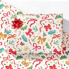 GIOLNIAY Christmas Bows Wrapping Paper for Girls Boys Kids - Holiday Gift Wrap with Ribbons, Red Bows, Winter Foliage Design - 4 Jumbo Sheets, 2840 Each, Easy to Store