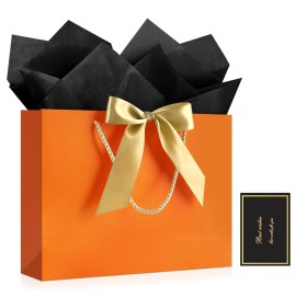 JMANNI 1PCS Large Gift Bag with Ribbon and 1 Greeting Card 2 Tissue Papers, Portable Paper Gift Bag with Handles, Birthday Present Bags for Wedding Party,Mothers Day12.6 x 9.8 x 3.9(Orange