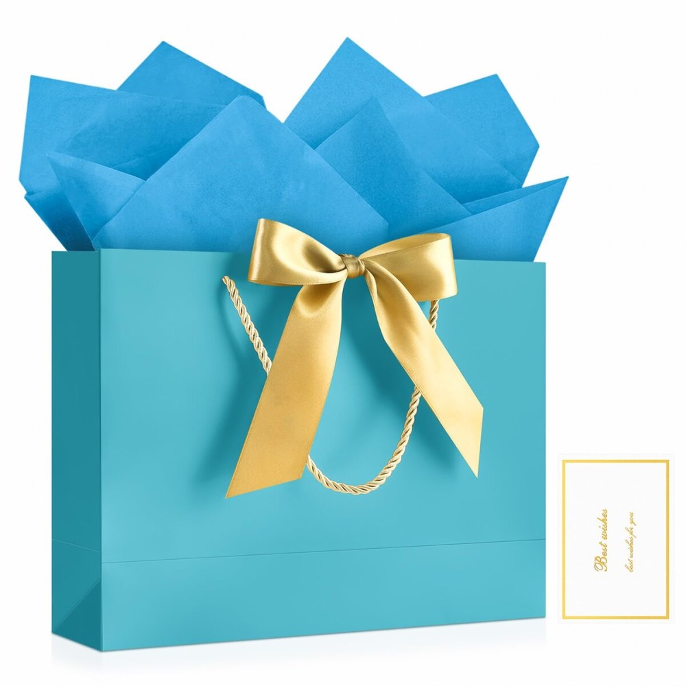 JMANNI 1PCS Large Gift Bag with Ribbon and 1 Greeting Card 2 Tissue Papers, Portable Paper Gift Bag with Handles, Birthday Gift Bags,Present Bags for Wedding Party,Mothers Day12.6 x 9.8 x 3.9(Bule