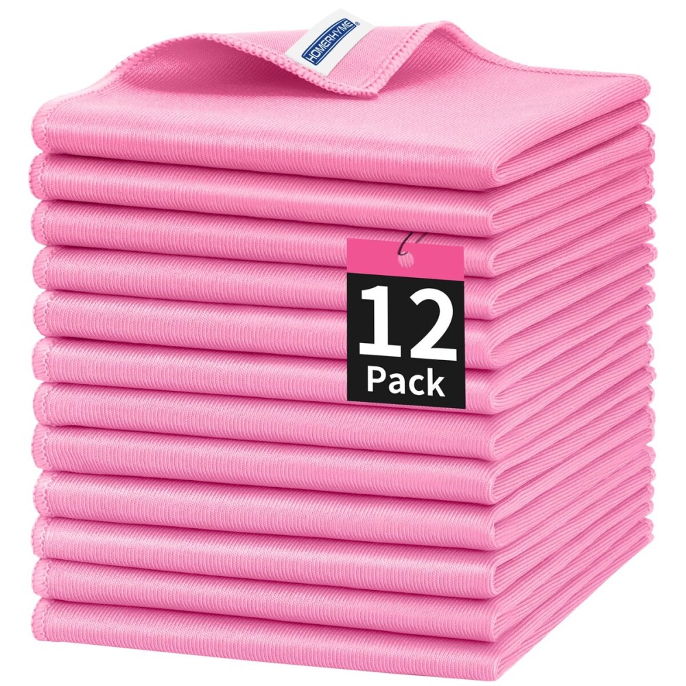 HOMERHYME Microfiber Cleaning Cloth, 12 Pack Window Glasses Cleaning Cloth, Reusable Lint-Free Streak Free Polishing Cloth Wipes for Stainless Steel, Eyeglasses, Mirrors, Screens & Lenses,12*12 Pink