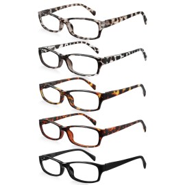 kunchu 5 Pack Reading Glasses for Women Men - Blue Light Blocking Spring Hinge Computer Readers Anti Glare UV Eyeglasses (4 Leopard + Black, 1.75)