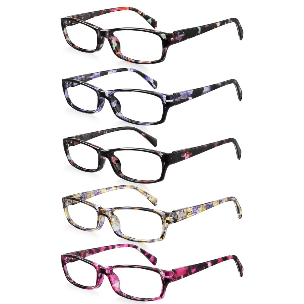 kunchu 5 Pack Reading Glasses for Women Men - Blue Light Blocking Spring Hinge Computer Readers Anti Glare UV Eyeglasses (Flower Floral, 1.75, x)