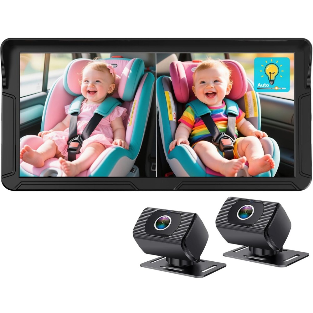 Rohent Dual Baby Car Camera for 2-Kids: 6.9\'\' HD Split Screen with Auto Brightness 1080P Backseat Camera for Twins Infrared Night Vision - 360 Adjustable USB Easy Setup Ideal for SUVs Minivans
