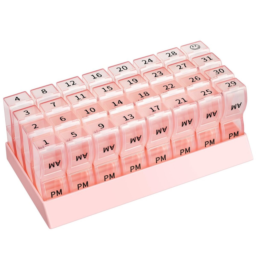 Monthly Pill Organizer 2 Times a Day, one Month Pill Box AM PM, 30 Day Pill Case Small Compartments to Hold Vitamin and Travel Medicine Organizer, 31 Day Pill Organizer, 4 Week Pill CasesPink