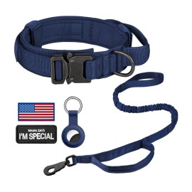 DAGANXI Tactical Dog Collar, Adjustable Military Training Nylon Dog Collar with Control Handle and Heavy Metal Buckle for Medium and Large Dogs, with Patches and Airtags Case (Midnight Blue-Set, L)