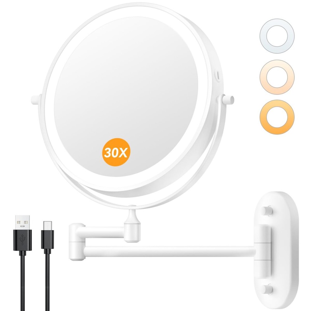 Auxmir 1X/30X Wall Mounted Makeup Mirror with Light, 8 Rechargeable Double-Sided Magnifying Mirror, Vanity Mirror Dimmable 3 Color Light, 360 Extension Rotation Foldable 14.5 Inch Arm, White