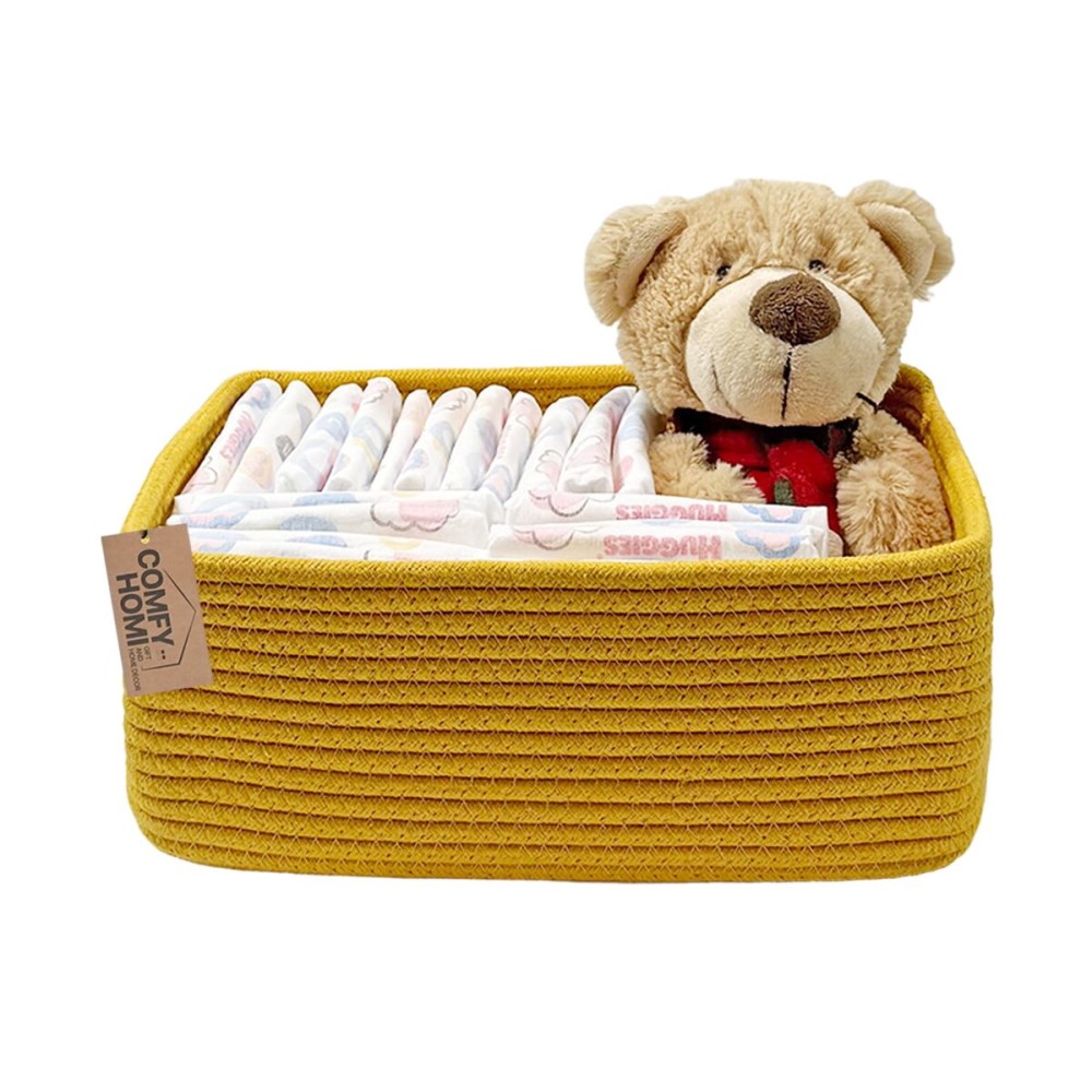 COMFY-HOMI 13 x 8.5 x 5.1 Storage Baskets for Organizing | Cotton Rope Woven Basket | Toy Storage Bin Box | Basket for Shelves, Closet Organizer Bin, Decorative Closet Shelf, 1 Pack, yellow
