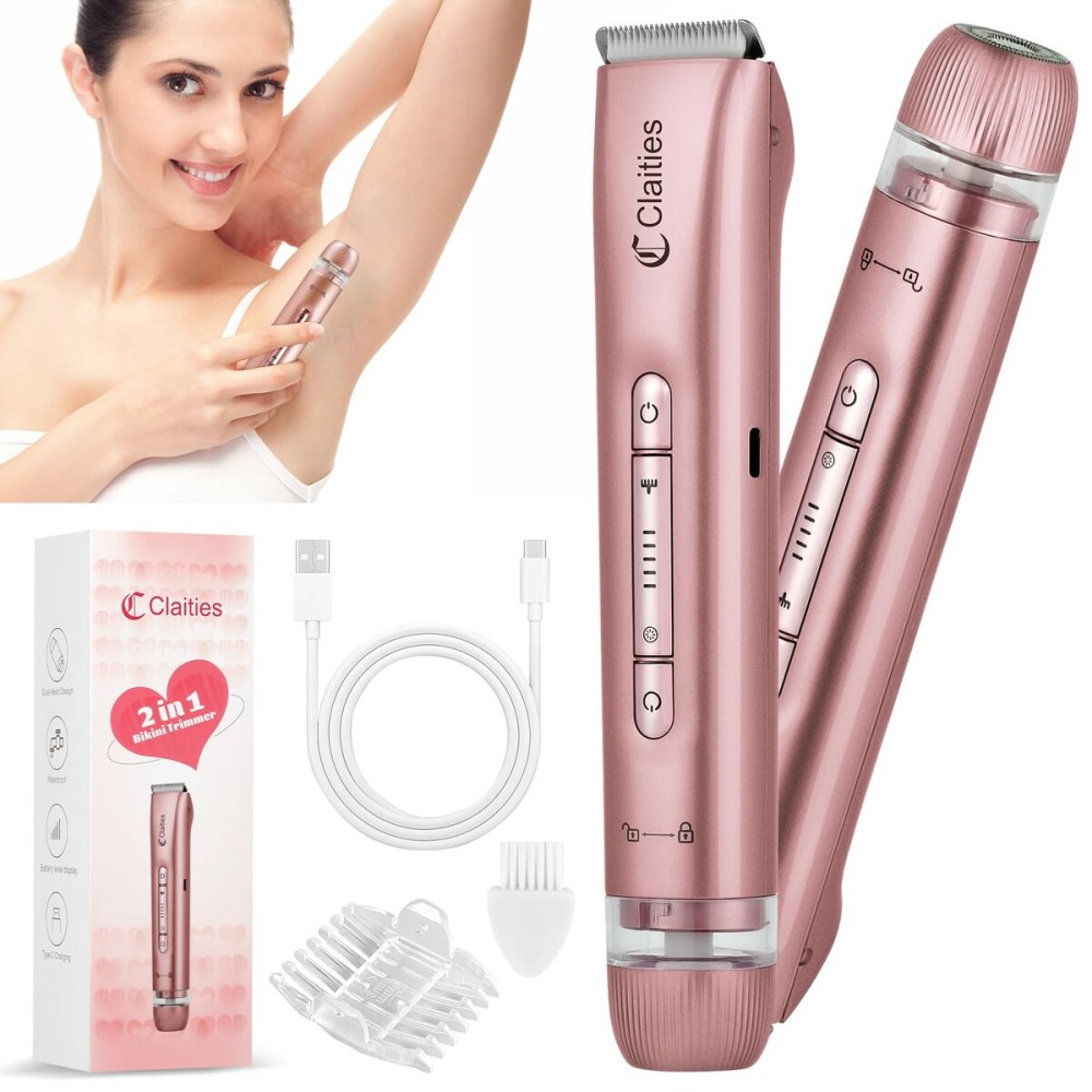 2 in 1 Women Electric Shaver Dual Head Bikini Trimmer for Women IPX7 Waterproof Wet & Dry Use Body Hair Trimmer and Facial Hair Remover for Bikini Underarm Leg Arm Body FaceRose Gold