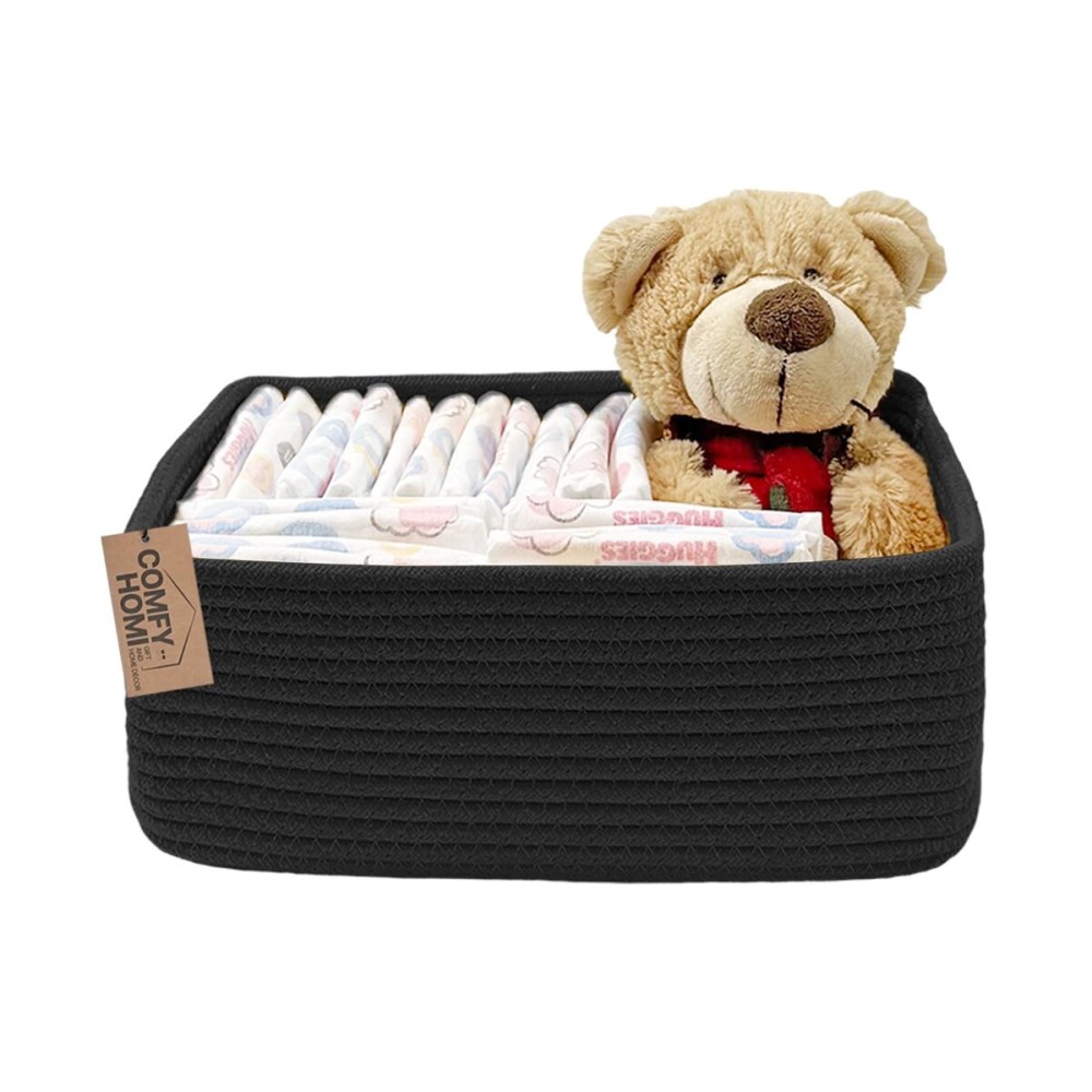 COMFY-HOMI 11.5x7.5x4.7 Storage Baskets for Organizing | Cotton Rope Woven Basket | Toy Storage Bin Box | Basket for Shelves, Closet Organizer Bin, Decorative Closet Shelf, 1 Pack all black