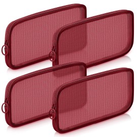 Weewooday 4 Pcs Mesh Makeup Bag Mesh Cosmetic Bag Toiletry Pouch with Zipper Mini Makeup Cosmetic Purse for Daily Accessory(Medium,Claret)