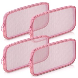 Weewooday 4 Pcs Mesh Makeup Bag Mesh Cosmetic Bag Toiletry Pouch with Zipper Mini Makeup Cosmetic Purse for Daily Accessory(Medium,Pink)