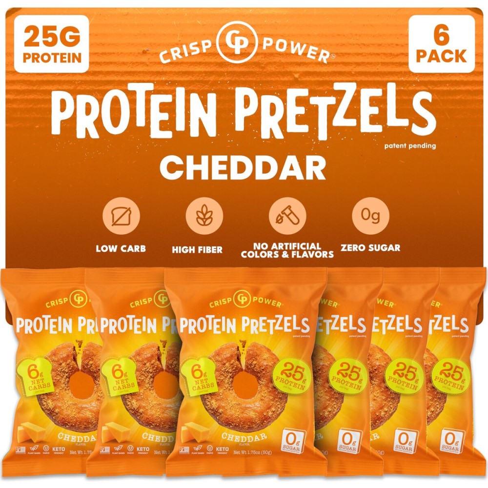 Crisp Power Protein Pretzels, NEW Cheddar, High Protein Snack, 25G Protein, Low Carb Crunchy Pretzel Snacks, No Added Sugar, 1.75 oz Bags, 6 Pack, Vegan, Plant-Based, Keto