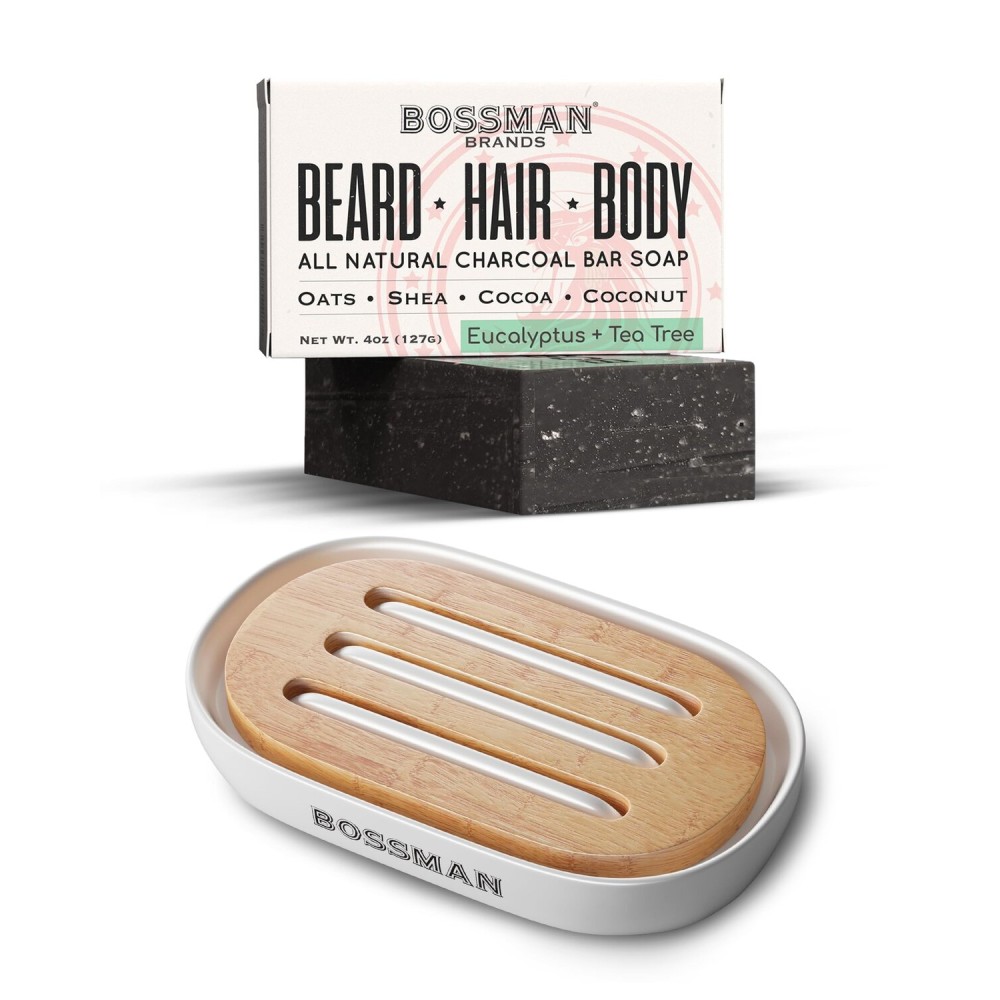 Bossman Men\'s 4-in-1 Bar Soap for Men + White Soap Dish Bundle - 4 oz Bar with Eucalyptus & Tea Tree Scent + Ceramic Base with Bamboo Tray