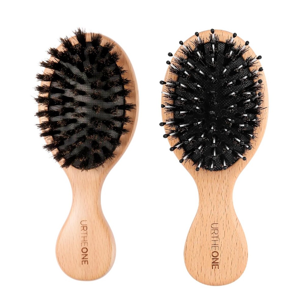 URTHEONE 2Pcs Mini Boar Bristle Hair brush and Small Hairbrush for Thick Curly Thin Long Short Wet or Dry Hair, Mini Detangler, Pocket Brush with Soft Boar Bristles