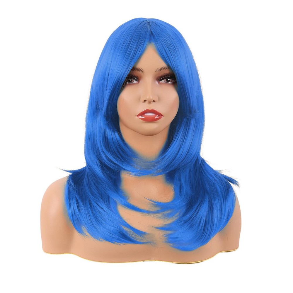 MapofBeauty 20 Inch/50 cm Long Layered With Bangs Straight Synthetic fiber Shoulder Length Hair Party Wig (Bright Blue)