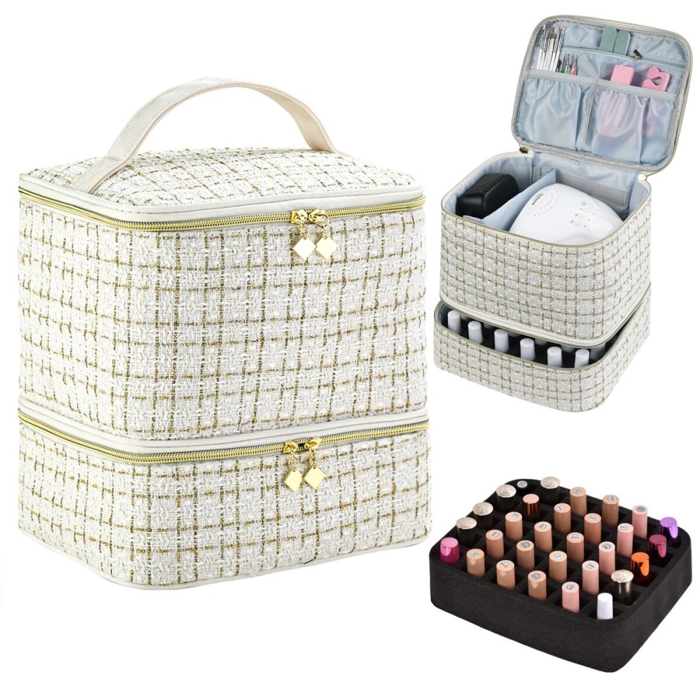 CTWWFS Nail Polish Organizer and Nail Lamp Case, Nail Kit Organizer Holds 30 Bottles (15ml - 0.5 fl.oz) and a Nail Lamp, Nail Polish Carrying Case with Manicure Tools Storage Sections (A-White)