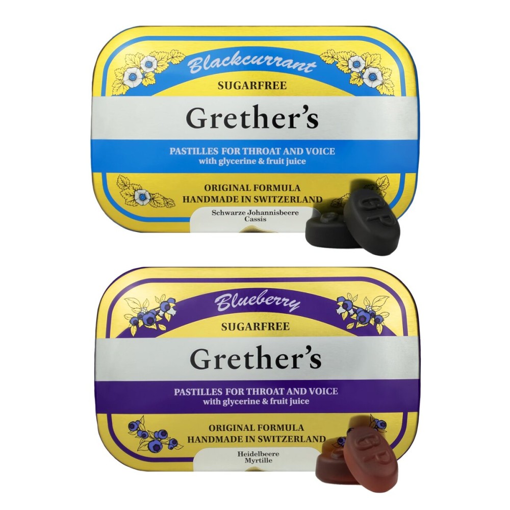 GRETHER\'S Sugarfree Pastilles Blackcurrant & Blueberry Natural Remedy for Dry Mouth Relief - Soothing Throat & Healthy Voice - Lasting Flavor, 2 Pack - 3.75 oz