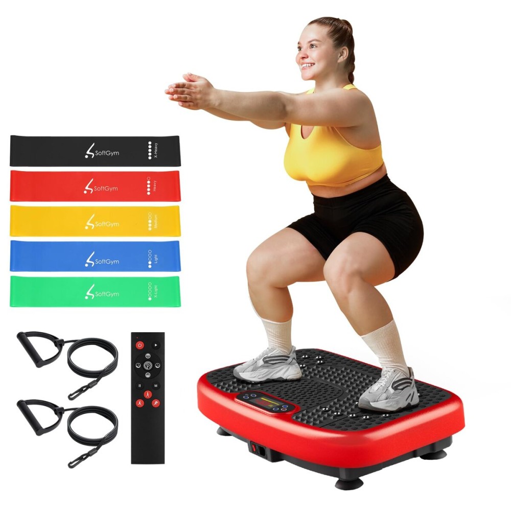SoftGym Vibration Plate Exercise Machine for Lymphatic Drainage,Power Vibrate Stand Shake Board 450 Lbs Capacity Whole Body Workout Waver with Resistance Bands Weight Loss Gifts for Women Men-Red