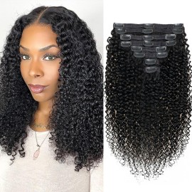 12 inch Kinky Curly Clip in Extension Human Hair Affordable 3C 4A Kinky Curly Clip Ins for Women Brazilian Remy Human Hair Natural Color 8 Pcs with 18 Clips 120g/Set