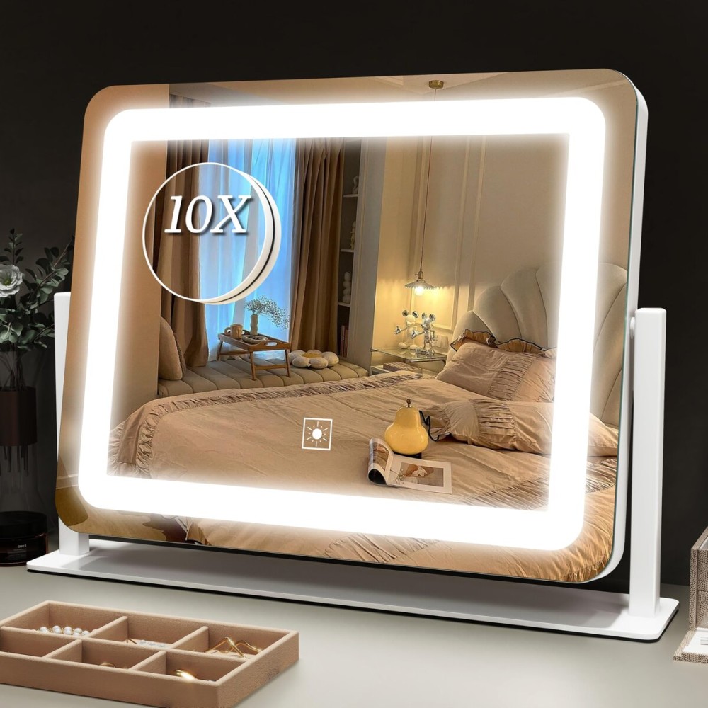 ROLOVE Vanity Mirror with Lights 15x12, Lighted Makeup Mirror with 10X Magnification, 3 Color Lighting & Dimmable Brightness, Light Up Mirror for Desk, Bedroom, Bathroom