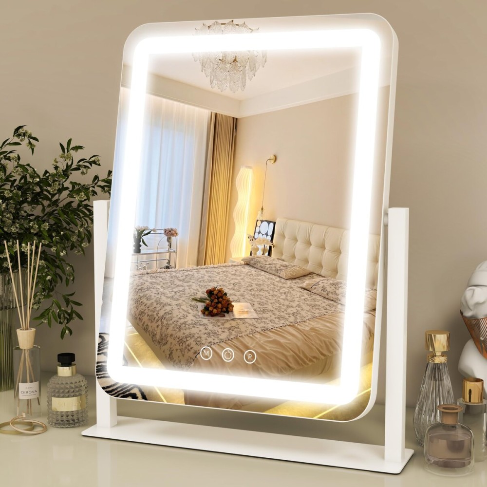 ROLOVE Vanity Mirror with Lights 13x16 Inch, Smart Touch Control, 3 Color Lighting Modes, Table Top Mirror with Stand for Bedroom