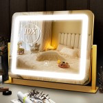 ROLOVE Gold Vanity Mirror with Lights 15 x 12, Lighted Makeup Mirror with 10X Magnification, 3 Color Lighting & Dimmable Brightness, Make Up Mirror with Lighting for Bedroom Tabletop
