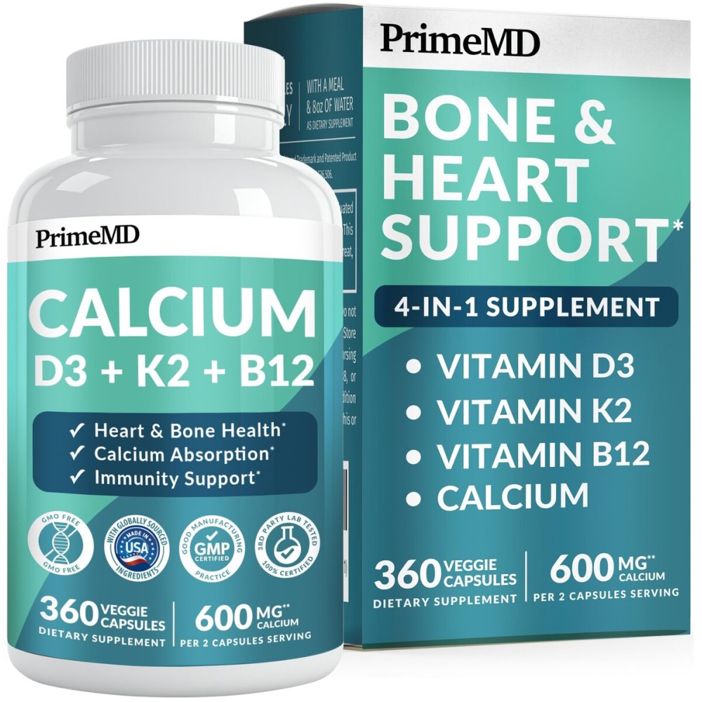 4-in-1 Calcium Supplements for Women and Men - Calcium with Vitamin D3 K2 5000 IU Supplement, 601mg per Serving for Heart, Bones & Body Defenses - Gluten-Free, Vegan-Friendly (360 ct) (Pack of 1)