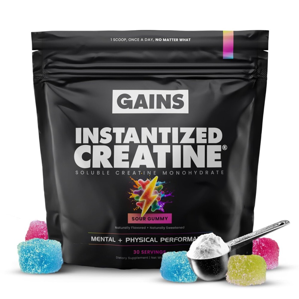 Gains in Bulk Instantized Creatine Monohydrate for Women and Men, Soluble Pre Workout Powder, Supports Muscle Building, Strength and Performance, Bodybuilding Supplements, Sour Gummy, 30 Servings