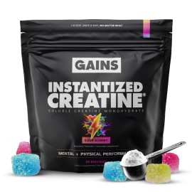 Gains in Bulk Instantized Creatine Monohydrate for Women and Men, Soluble Pre Workout Powder, Supports Muscle Building, Strength and Performance, Bodybuilding Supplements, Sour Gummy, 30 Servings