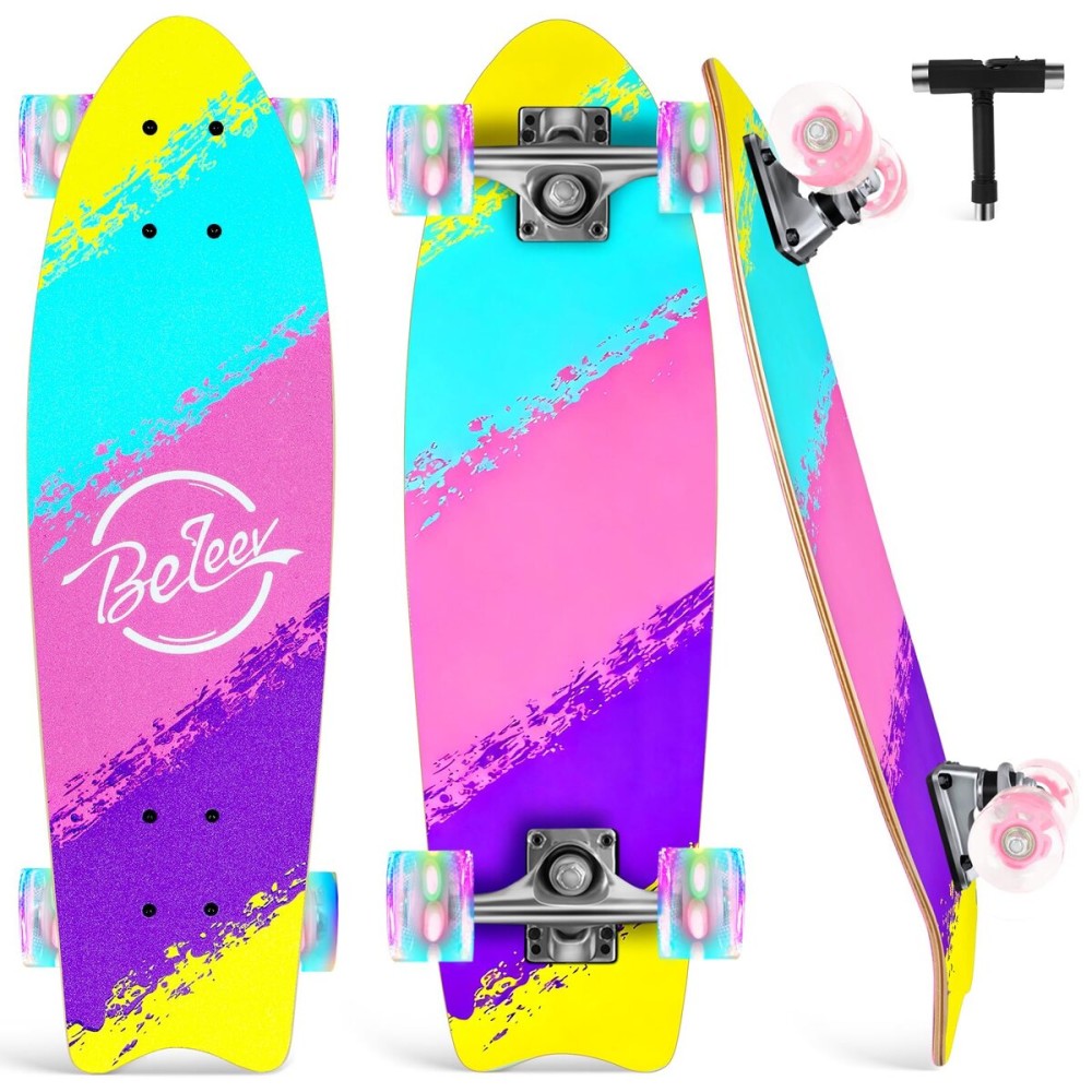 BELEEV Cruiser Skateboards for Beginners, 27 x 8 inch Complete Skateboard for Kids Teens Adults, 7 Ply Canadian Maple Double Kick Deck Concave Skateboard with Skate T-Tool (Rainbow)