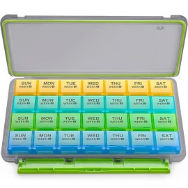 BUG HULL Monthly Pill Organizer, Moisture-Proof Large 28 Days Pill Box with Removable 4 Weeks Pill Case Rows, Medicine Pills Organizers, Travel Pill Organizer with One Month Pill Container-Light Black