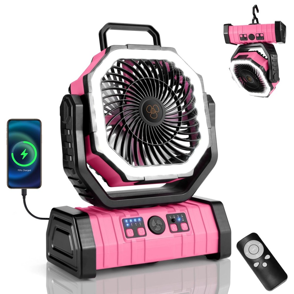 Odoland 30000mAh Camping Fan with LED Lantern, Rechargeable Battery Operated Oscillating with Remote Hook, Portable Tent Fan with Timer, 4 Speeds for Outdoor RV Jobsite Power Outage, Pink