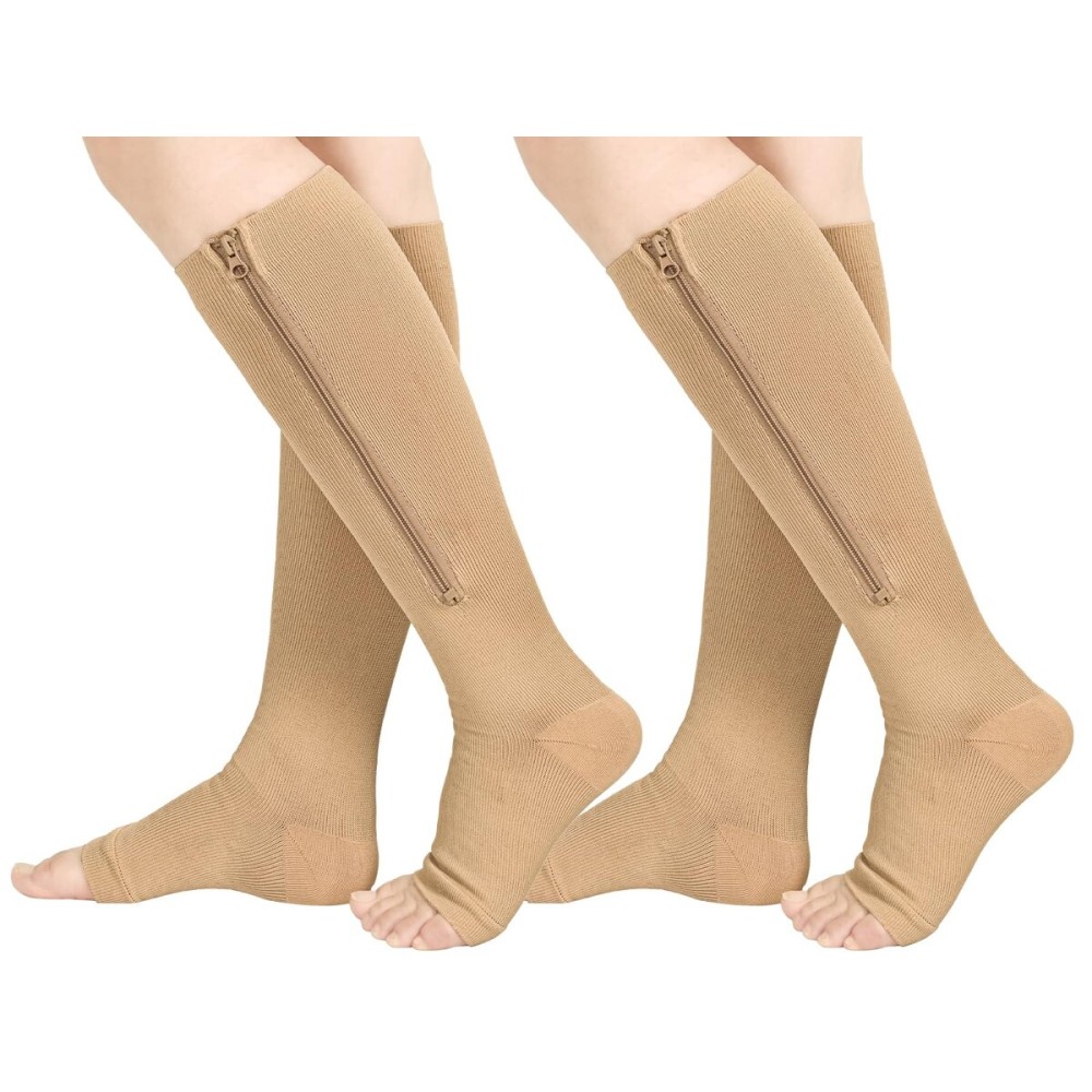 Athbavib 2 Pairs Compression Socks for Women & Men with Zipper 15-20 mmhg, Wide Calf Open Toe Plus Size Compression Socks Men, Knee High Compression Stockings for Flying Nurses Pregnant Women Travel