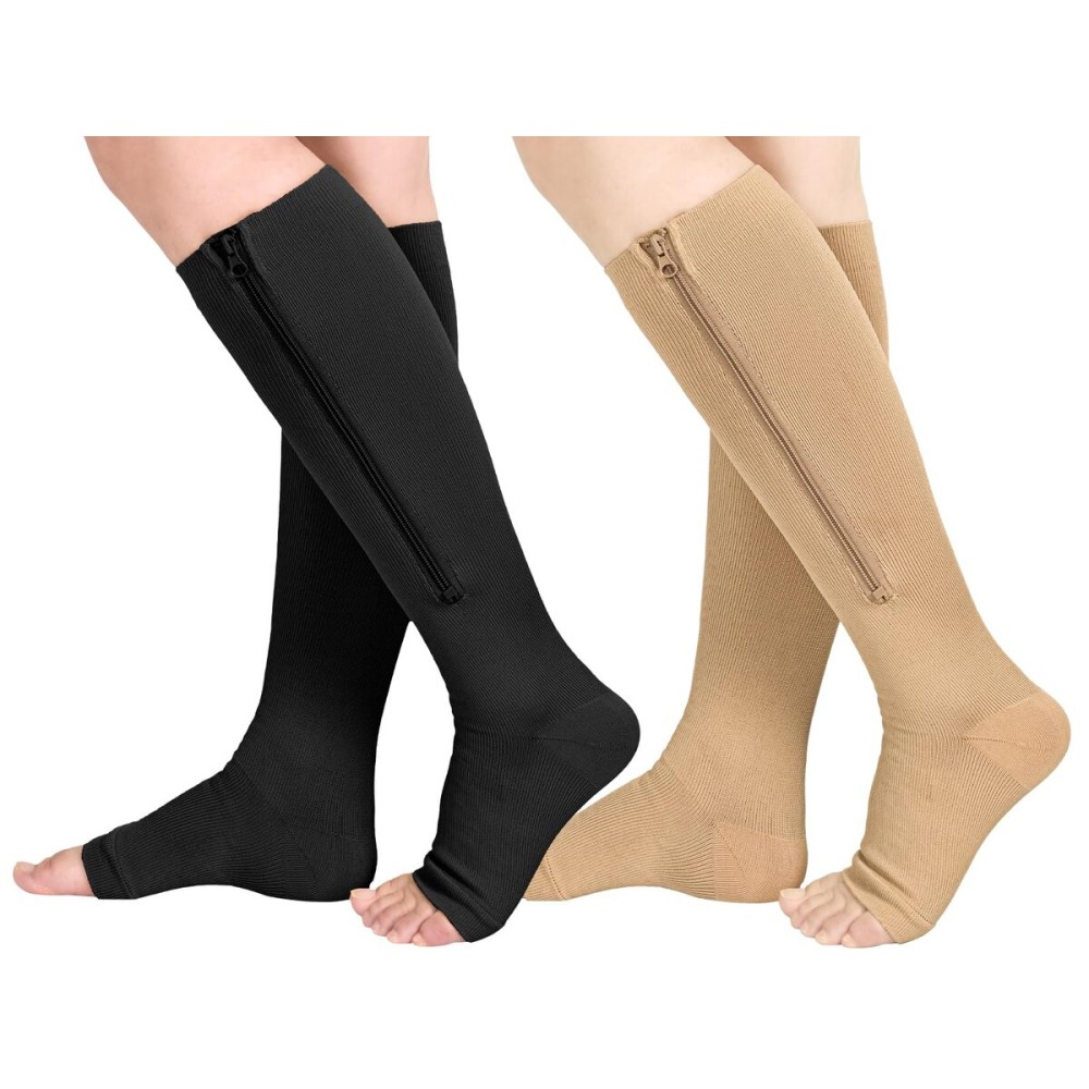 Athbavib 2 Pairs Compression Socks for Women & Men with Zipper 15-20 mmhg, Wide Calf Open Toe Plus Size Compression Socks Men, Knee High Compression Stockings for Flying Nurses Pregnant Women Travel