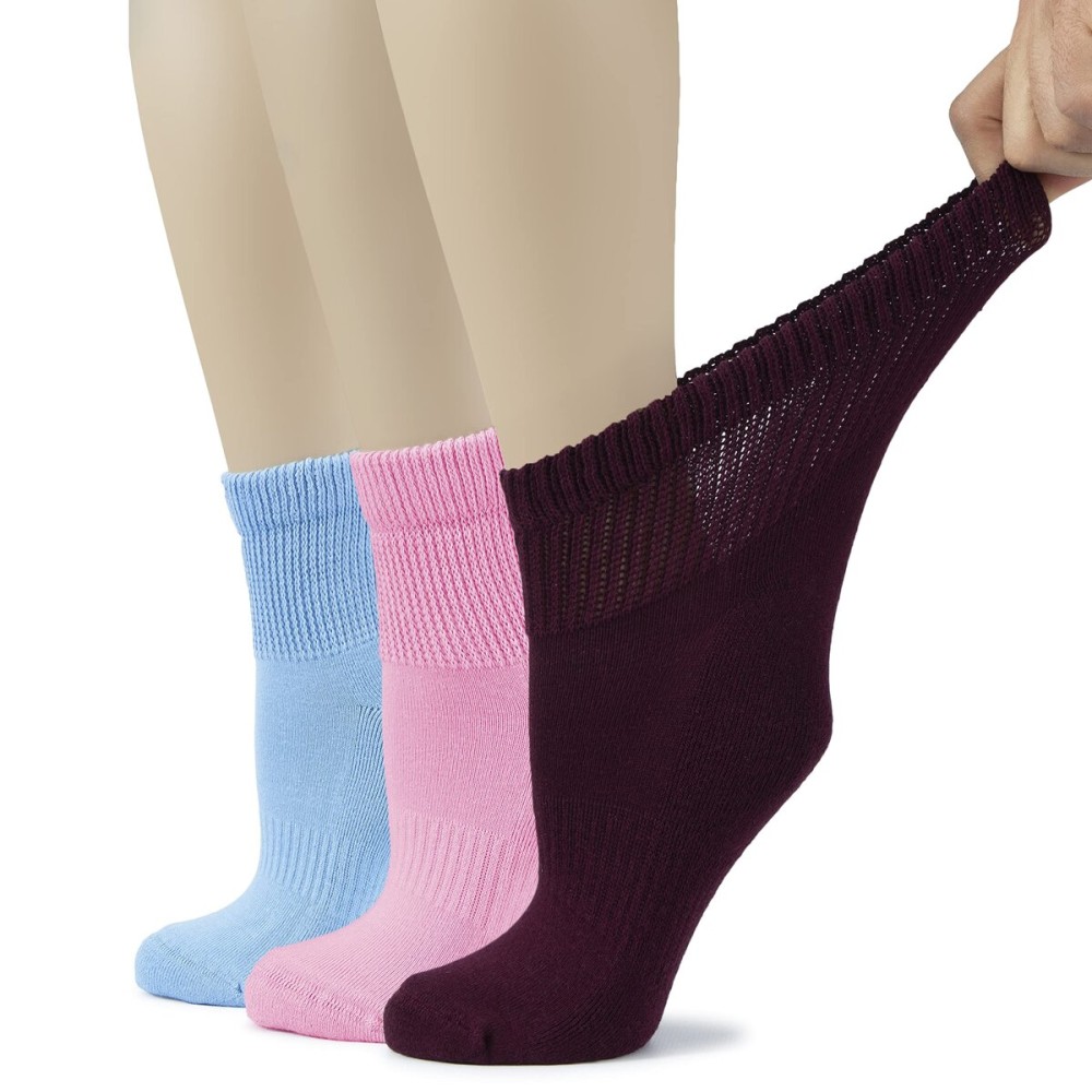 Hugh Ugoli Women\'s Cotton Diabetic Ankle Socks, Wide, Loose & Stretchy, Seamless Toe & Non Binding Top, 3 Pairs, Blue/Pink/Burgundy, Shoe Size: 9-12