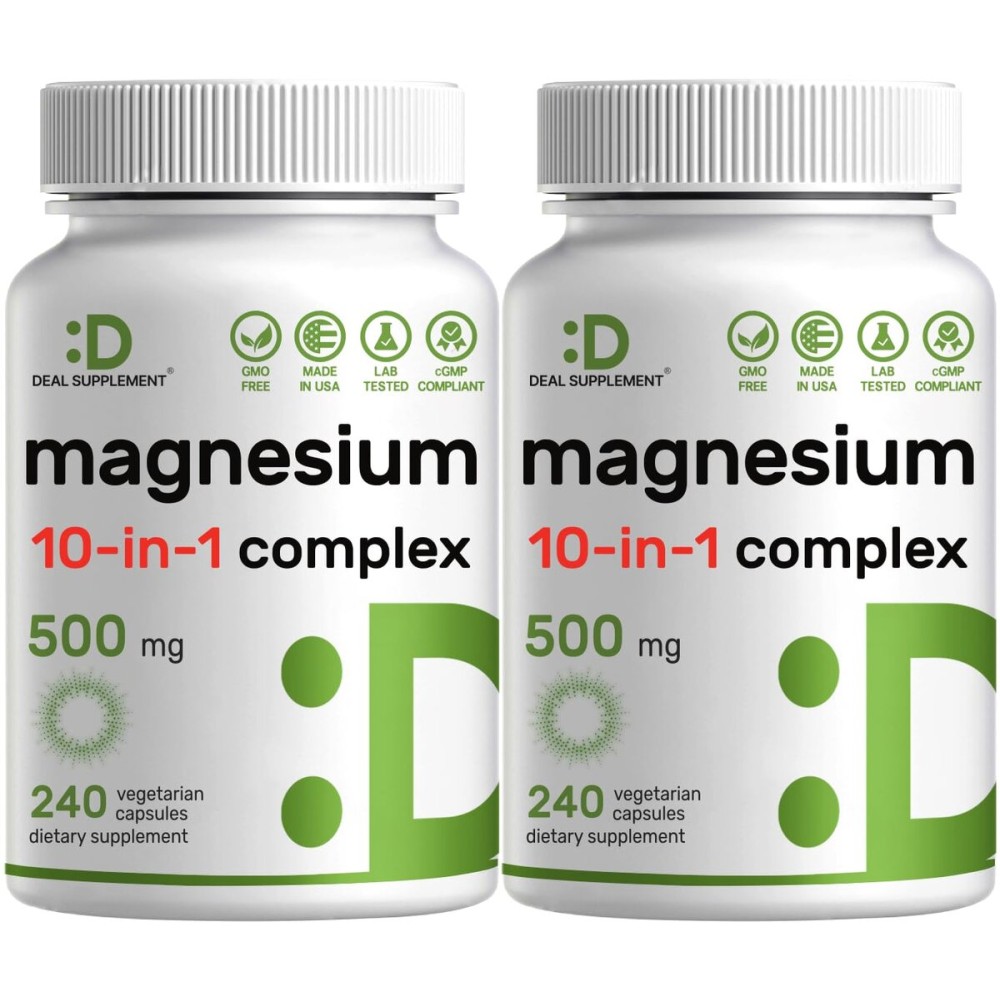 Magnesium Complex 500mg, 480 Veggie Capsules - Pack of 2 | 10-in-1 Glycinate, Citrate, Malate, Oxide, & More - 100% Chelated for Easy Absorption - Essential Mineral Supplement - Non-GMO