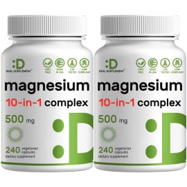 Magnesium Complex 500mg, 480 Veggie Capsules - Pack of 2 | 10-in-1 Glycinate, Citrate, Malate, Oxide, & More - 100% Chelated for Easy Absorption - Essential Mineral Supplement - Non-GMO