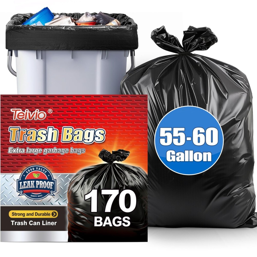 Teivio 55-60 Gallon Black Trash Bags | 170 Bags Extra Large Multi-Use Heavy Duty Commercial Garbage Bags | Lawn And Leaf Bags | Outdoor Yard Waste Bag | Contractor Workshops Trash Bin Liner