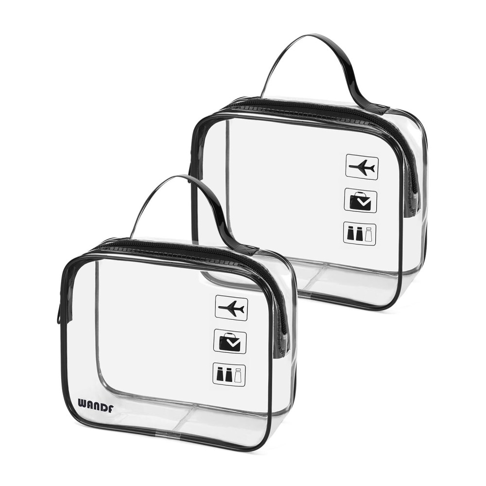 WANDF TSA Approved Toiletry Bag, 2 Packs Travel Clear Toiletry Bag, Quart Size Makeup Cosmetic Pouch with Zipper, Carry-On Airport Compliant Bag for Women and Men (2 pcs, Black with Handle)