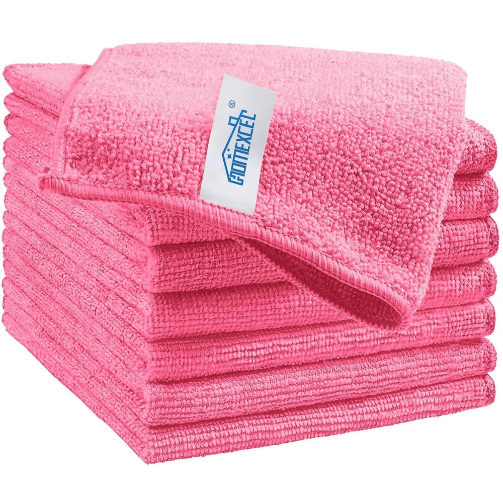 HOMEXCEL Pink Microfiber Cleaning Cloth, 8 Pack Cleaning Towels for Kitchen, Lint Free, Scratch-Free, Highly Absorbent, and Reusable Cleaning Rags for House, Window and Glass, Cars, 11.5 X11.5 inch