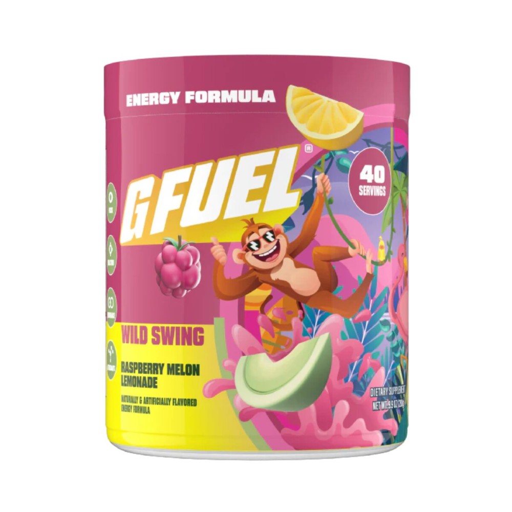 G Fuel Wild Swing Energy Drink Powder, Pre Workout Caffeine Mix for Gaming, Sugar Free Focus Amino, Vitamin + Antioxidants, 9.8oz (Raspberry Melon Lemonade, 40 Servings)