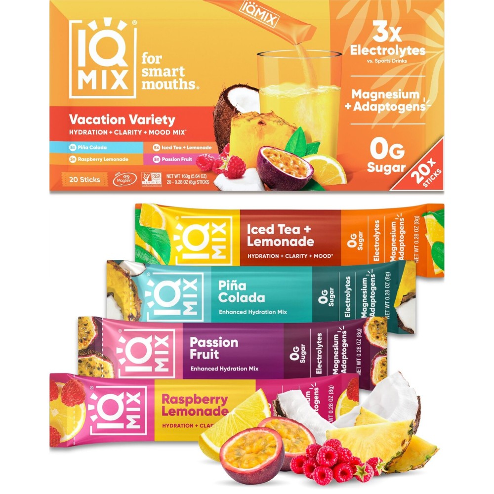 IQMIX Hydration Electrolyte Powder - 4-in-1 Formula for Hydration, Mental Clarity, Mood and Recovery - Sugar-Free Drink Mix, Keto, Magnesium L-Threonate, Lions Mane - 20 Count Vacation Variety Pack