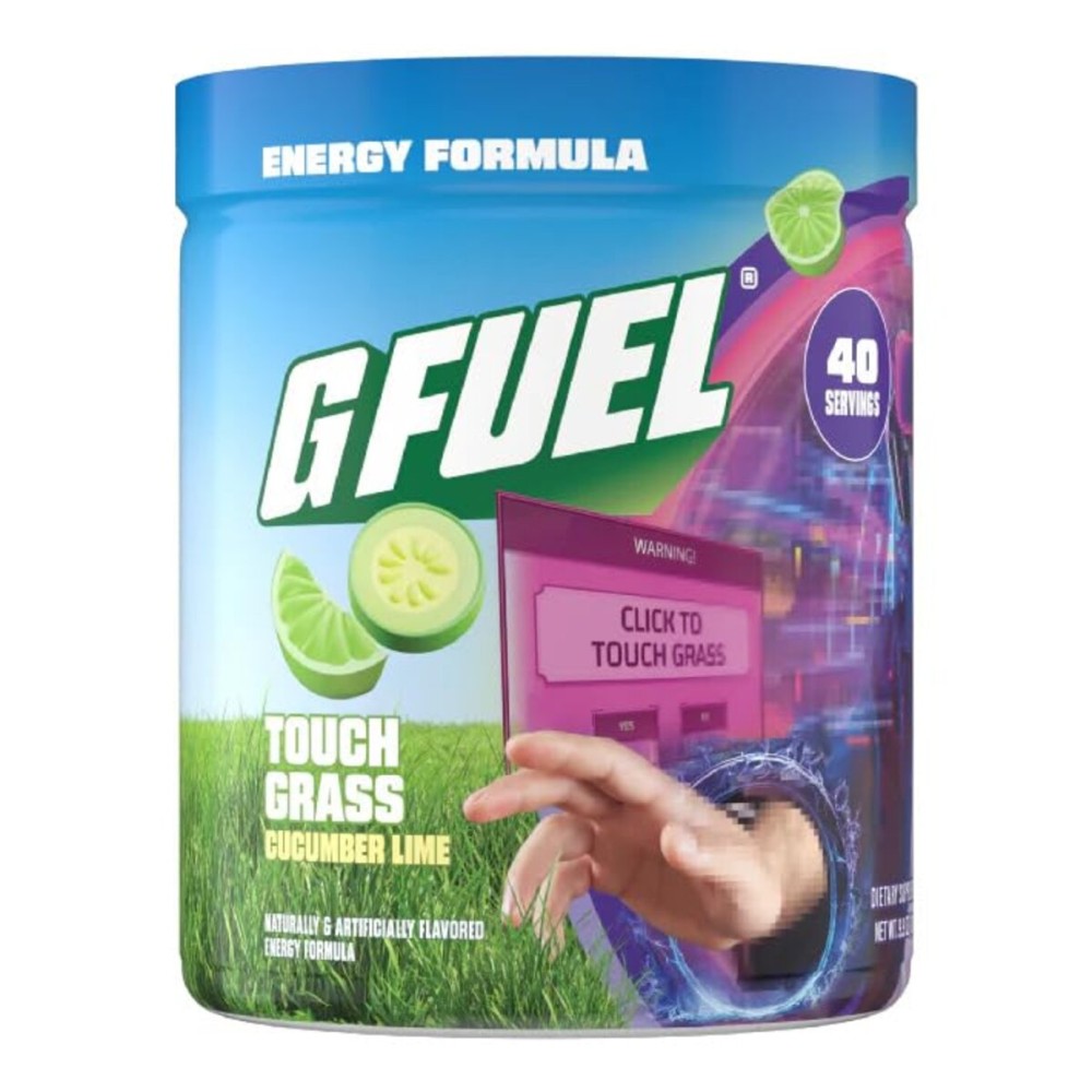 G Fuel Touch Grass Energy Drink Powder, Pre Workout Caffeine Mix for Gaming, Sugar Free Focus Amino, Vitamin + Antioxidants, 9.8oz (Cucumber Lime, 40 Servings)