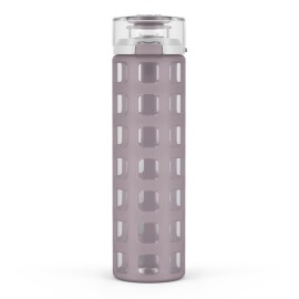 Ello Syndicate 20oz Reusable Glass Water Bottle with One-Touch Leak Proof Flip Lid, Protective Non-Slip Silicone Sleeve, Carry Loop for Coffee, Tea and Water, BPA-free, Dishwasher Safe, Mauvewood
