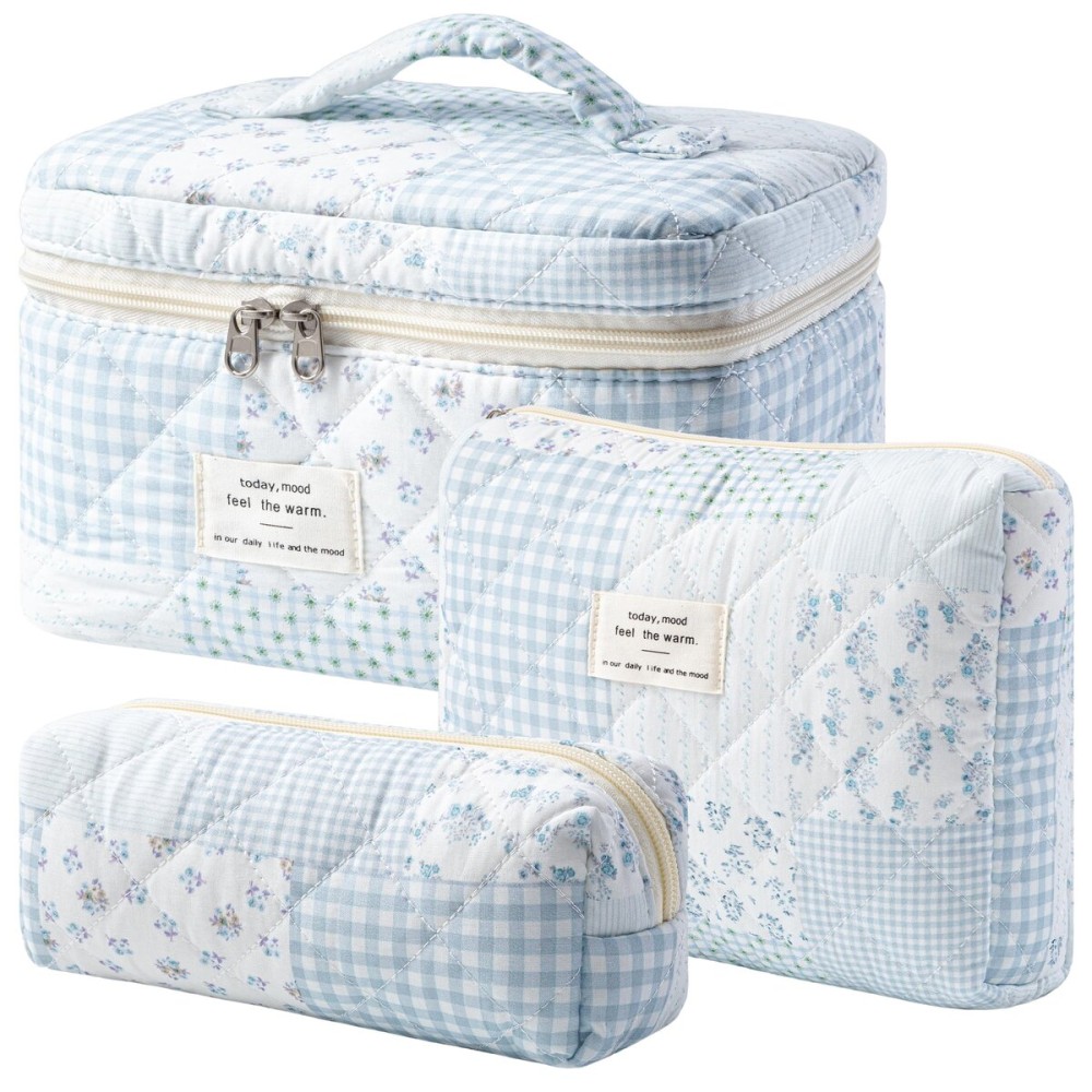 HBselect Quilted Makeup Bag, 3PCS Cotton Large Travel Makeup Bag, Cute Floral Coquette Make up Bag Cosmetic Bag Toiletry Bag for Women Girls