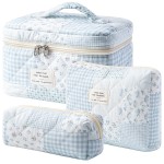 HBselect Quilted Makeup Bag, 3PCS Cotton Large Travel Makeup Bag, Cute Floral Coquette Make up Bag Cosmetic Bag Toiletry Bag for Women Girls