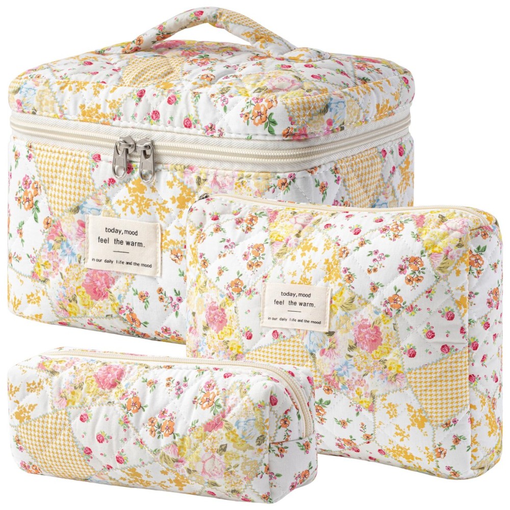 HBselect Quilted Makeup Bag, 3PCS Cotton Large Travel Makeup Bag, Cute Floral Coquette Make up Bag Cosmetic Bag Toiletry Bag for Women Girls