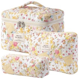 HBselect Quilted Makeup Bag, 3PCS Cotton Large Travel Makeup Bag, Cute Floral Coquette Make up Bag Cosmetic Bag Toiletry Bag for Women Girls