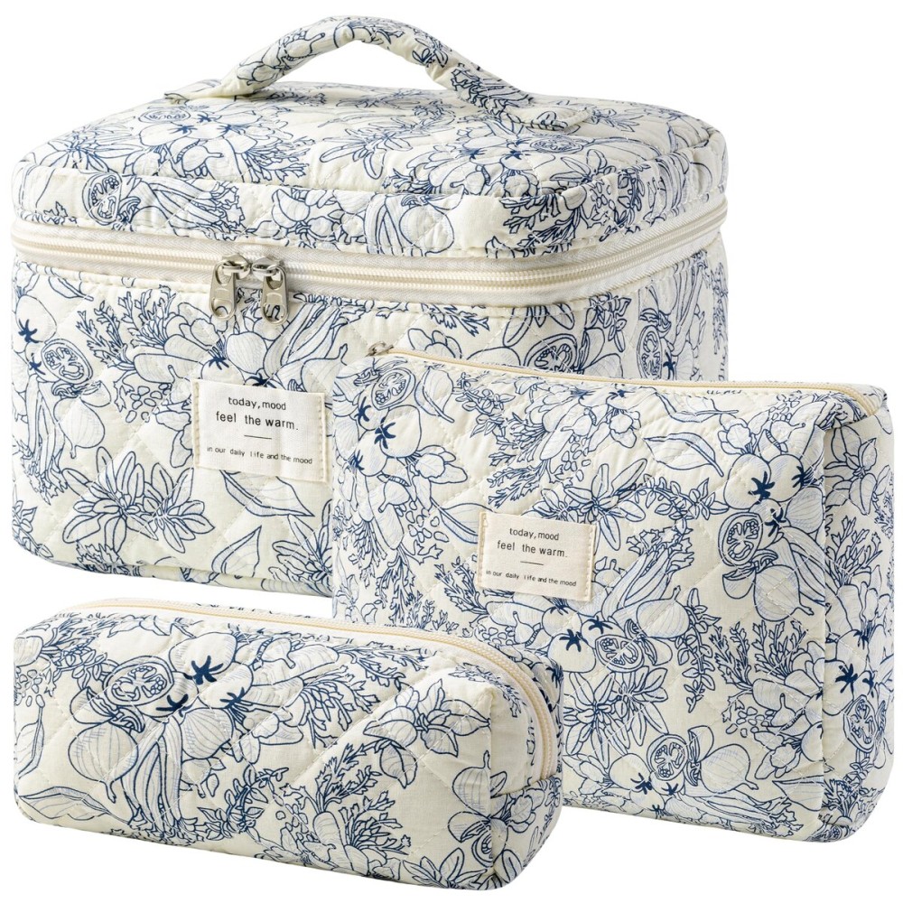 HBselect Quilted Makeup Bag, 3PCS Cotton Large Travel Makeup Bag, Cute Floral Coquette Make up Bag Cosmetic Bag Toiletry Bag for Women Girls